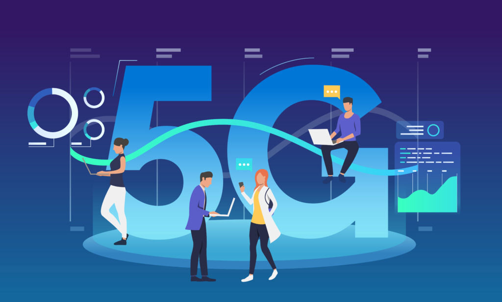 Employees with laptops using 5G internet